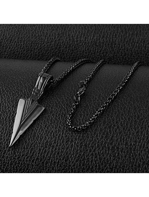 HZMAN Mens Arrowhead Arrow Stainless Steel Pendant Necklace with Steel Wheat Chain