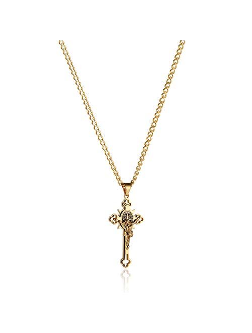 HZMAN Religion Stainless Steel Saint St St. Benedict Crucifix Cross Pendants Necklace INRI