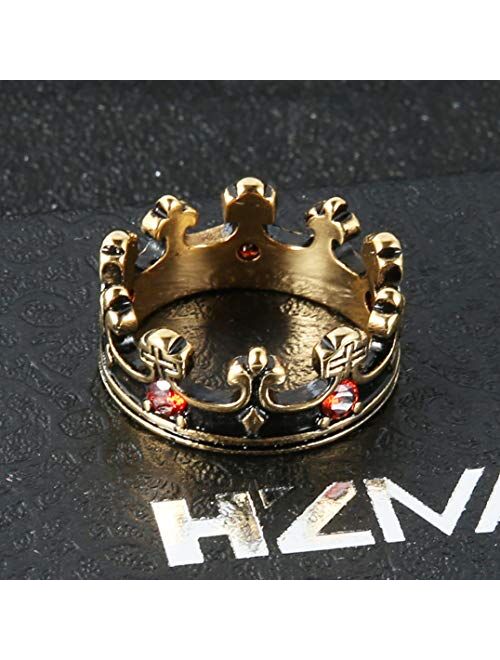HZMAN Men's Vintage Biker Ruby Royal King Crown Ring Stainless Steel Silver Gold Cross Band