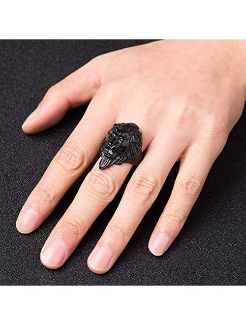 HZMAN Men's Vintage 316L Stainless Steel Lion Ruby Eyes Rings Heavy Metal Rock Punk Style Gothic Biker Ring Silver Gold Black 3 Colors