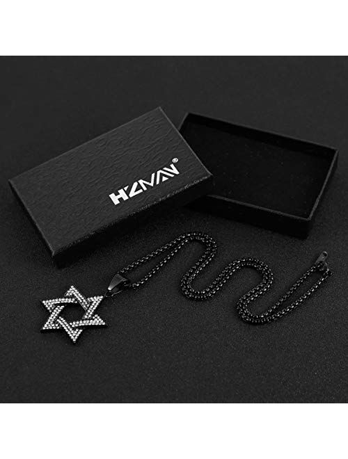 HZMAN Men Star of David Iced Out CZ Pendant 18k Gold Plated Stainless Steel Hip Hop Necklace