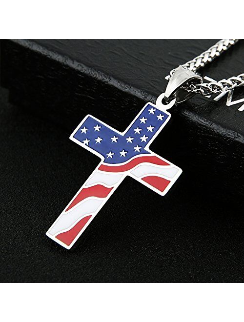 HZMAN American Flag Patriotic Cross Religious Jewelry Enamel Pendant Necklace