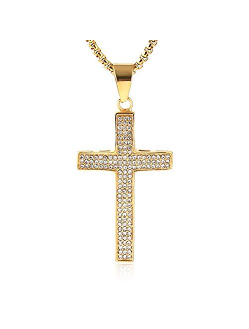 HZMAN Mens Iced Out Cross Cz Inlay Pendant 18k Gold Plated Stainless Steel Hip-Hop Necklace