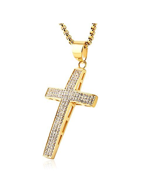 HZMAN Mens Iced Out Cross Cz Inlay Pendant 18k Gold Plated Stainless Steel Hip-Hop Necklace