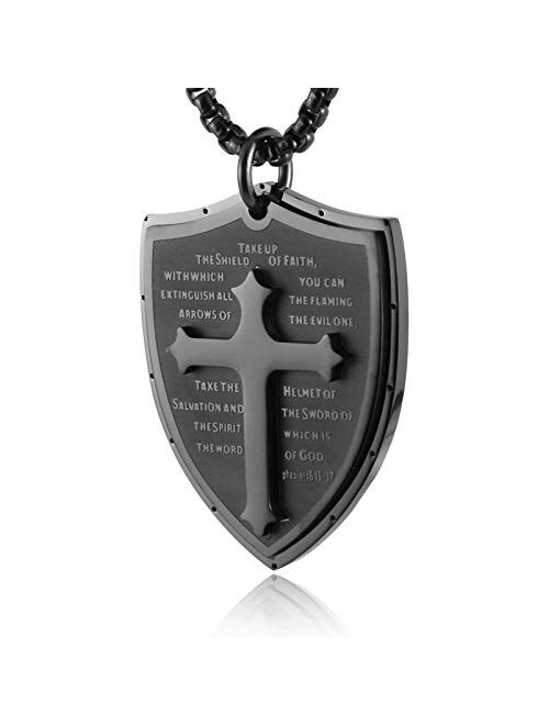 HZMAN Shield Armor of God Ephesians 6:16-17, Faith Cross Stainless Steel Pendant Necklace