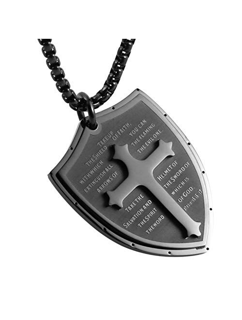 HZMAN Shield Armor of God Ephesians 6:16-17, Faith Cross Stainless Steel Pendant Necklace