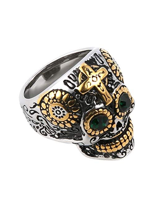 HZMAN Biker Cool Sugar Skull Rings for Men Women, Ruby Eyes Stainless Steel Day of The Dead Gothic Cross Jewelry