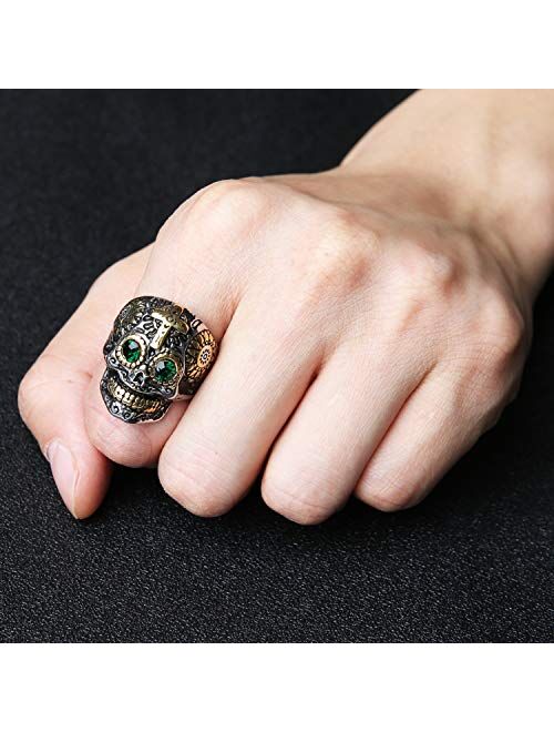 HZMAN Biker Cool Sugar Skull Rings for Men Women, Ruby Eyes Stainless Steel Day of The Dead Gothic Cross Jewelry