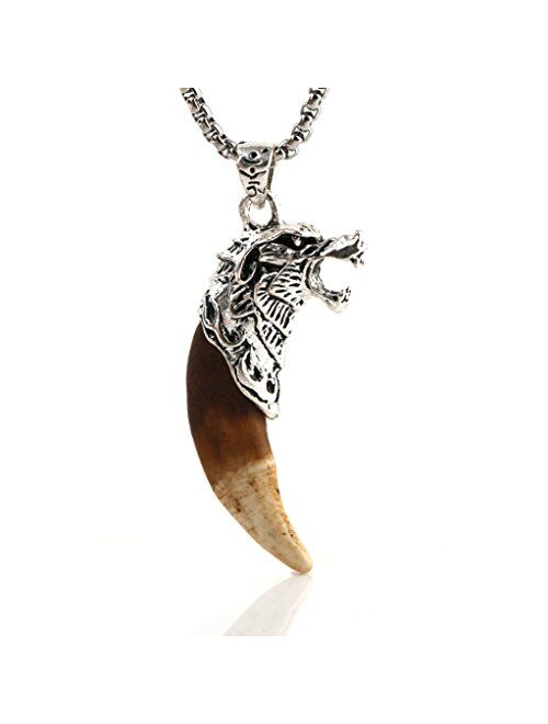 HZMAN Mens Metal Wolf Head Pendant Necklace Indian Teeth Tribe Jewelry