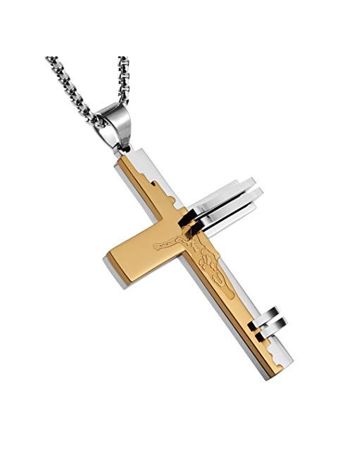 HZMAN Men's Stainless Steel Crucifix Christ Cross Religion Jesus Pendant Necklace with 22 + 2 Inch Chain