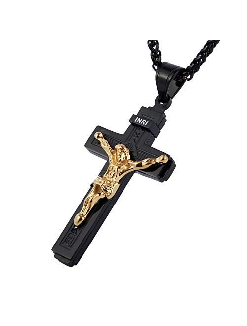 HZMAN Catholic Jesus Christ on INRI Cross Crucifix Gold Silver Tone stainless steel Pendant Necklace 22+2 Chain