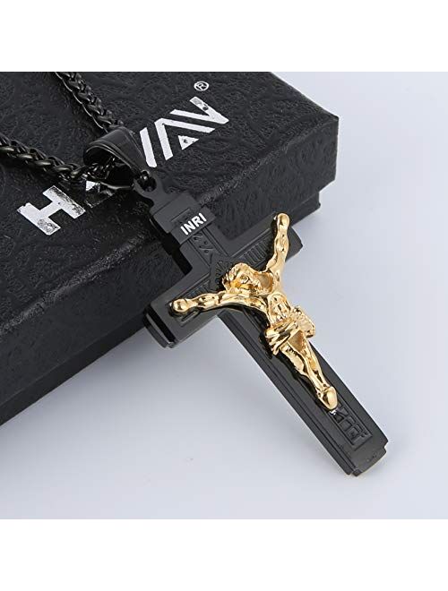 HZMAN Catholic Jesus Christ on INRI Cross Crucifix Gold Silver Tone stainless steel Pendant Necklace 22+2 Chain