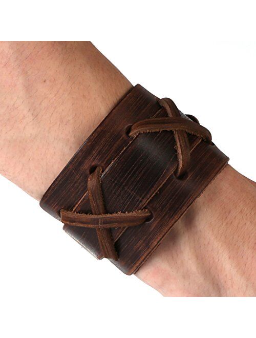 HZMAN Authentic Wide Genuine Leather Casual Mens Brown Cuff Bangle Bracelet