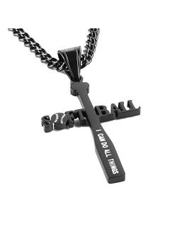 Softball Bat Cross Pendant, I CAN DO ALL THINGS STRENGTH Bible Verse Stainless Steel Necklace