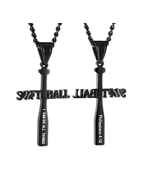 HZMAN Softball Bat Cross Pendant, I CAN DO ALL THINGS STRENGTH Bible Verse Stainless Steel Necklace