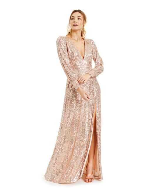 Juniors' Sequined Y-Neck Button Cuff Long Sleeve Slit Maxi Gown