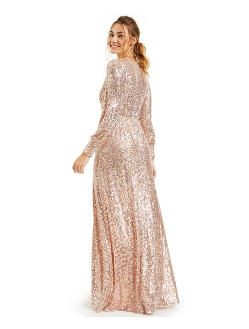 Juniors' Sequined Y-Neck Button Cuff Long Sleeve Slit Maxi Gown