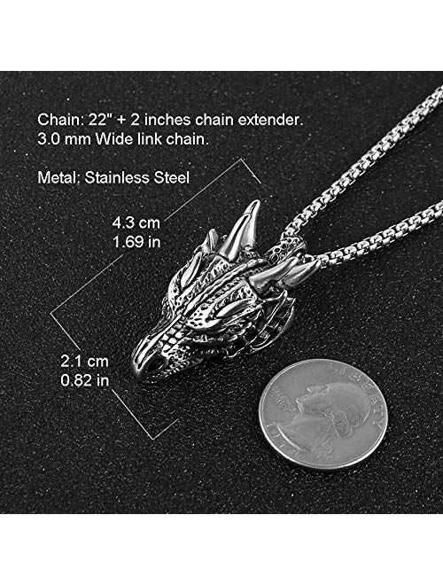 HZMAN Stainless Steel Dragon Head Pendant Necklace for Men Women Vintage Gothic 22+2“ Chain