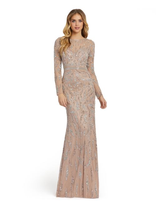 Mac Duggal Long-Sleeve Embellished Sequin Gown