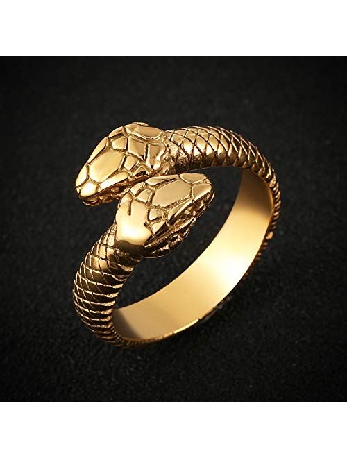 HZMAN Gothic Jewelry Retro Double Snake Head Loop Fashion Animal Personality Stainless Steel Ring 