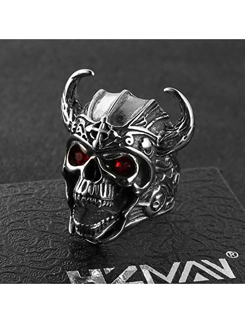 HZMAN Men's Stainless Steel Ruby Eyes Skull Cross Ring Knights Templar Helmet Warrior Ring