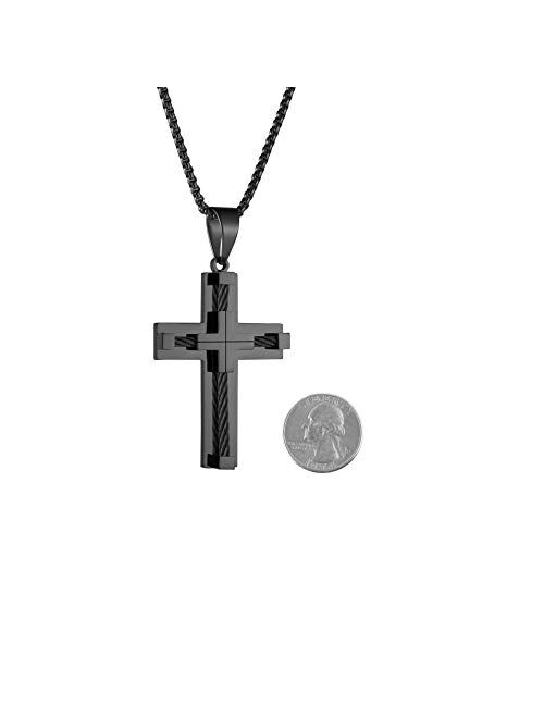 HZMAN Men's Steel Cable Inlay Large Stainless Steel Gentleman Double layer splice Cross Necklace Pendant 22 + 2 Inch Chain