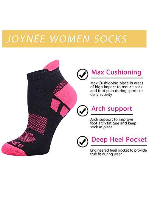 JOYNEE JOYNÉE 6 Pairs Women's Ankle Athletic Running Socks Performance Cushioned Low Cut Sports Socks with Heel Tab