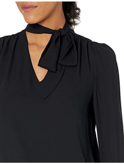 Amazon Brand - Lark & Ro Women's Crepe de Chine Long Sleeve V-Neck Gathered Tie Neck Top