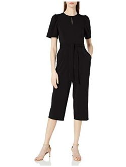 Amazon Brand - Lark & Ro Women's Puff Sleeve Split Neck Belted Crop Length Jumpsuit