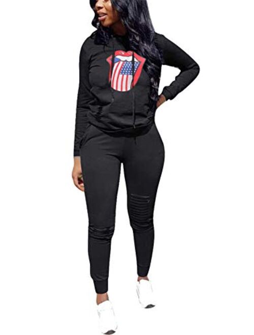 KUBAO Women 2 Pieces Outfit Solid Color Sweatsuit Long Sleeve Hoodie Long Pants Tracksuit