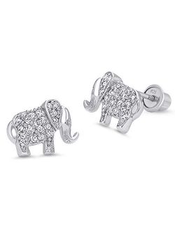 925 Sterling Silver Rhodium Plated Elephant Cubic Zirconia Screwback Baby Girls Earrings