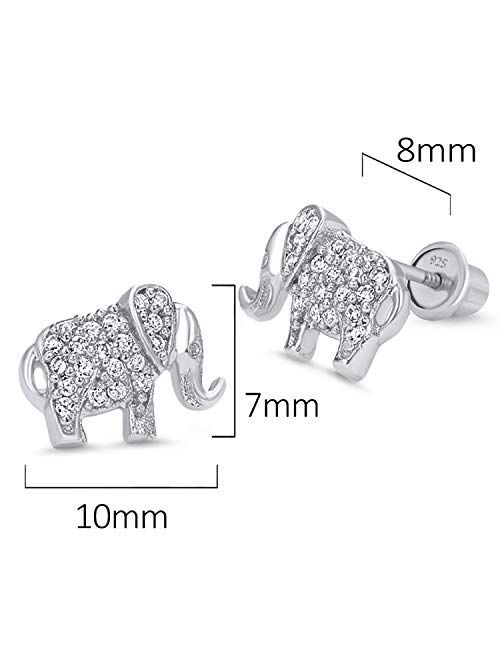 Lovearing 925 Sterling Silver Rhodium Plated Elephant Cubic Zirconia Screwback Baby Girls Earrings