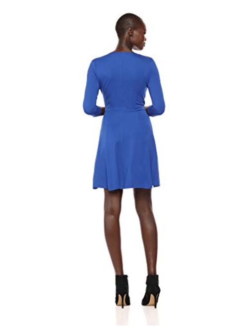 Amazon Brand - Lark & Ro Women's Three Quarter Sleeve Faux Wrap Fit and Flare Dress