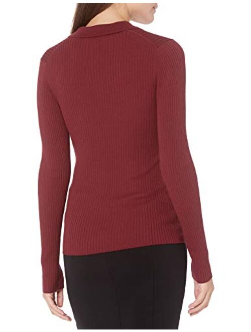 Lark & Ro Women's Standard Premium Viscose Blend Ribbed Long Sleeve Polo Fitted Sweater