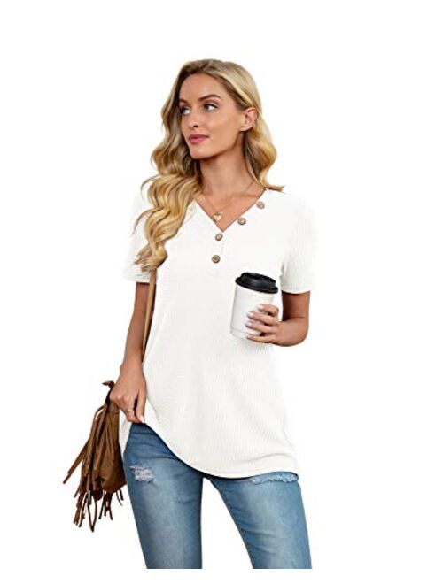ANIXAY Womens Waffle Knit Tunic Tops Long/Short Sleeve Loose Fitting Daily Casual Button Up Basic Henley Tops