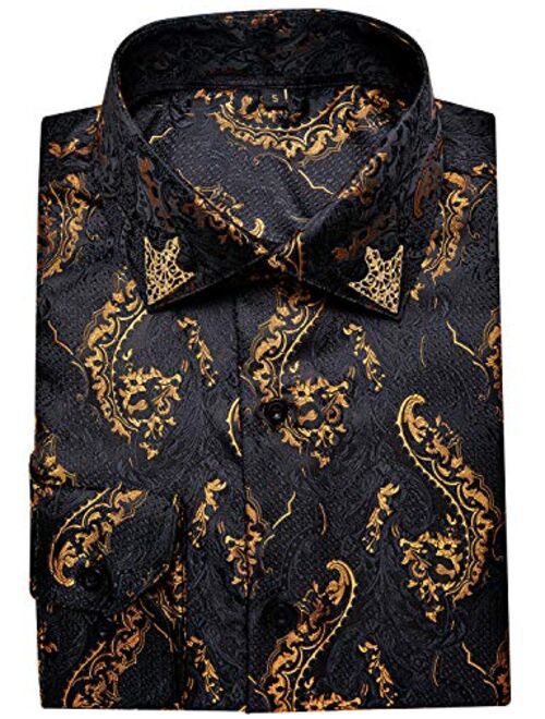 DiBanGu Mens Shirt, Paisley Floral Dress Shirt Long Sleeve with Collar Pin Brooch