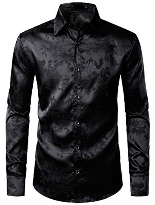 ZEROYAA Men's Shiny Satin Rose Floral Jacquard Long Sleeve Button Up Dress Shirts for Party Prom