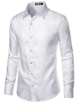 Men's Paisley Jacquard Slim Fit Long Sleeve Button Up Dress Shirt for Party Prom
