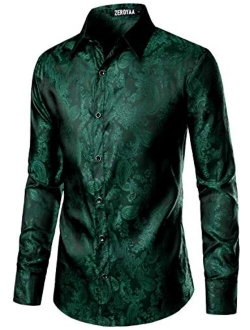 Men's Paisley Jacquard Slim Fit Long Sleeve Button Up Dress Shirt for Party Prom