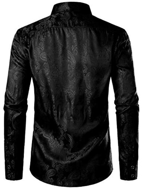 ZEROYAA Men's Paisley Jacquard Slim Fit Long Sleeve Button Up Dress Shirt for Party Prom