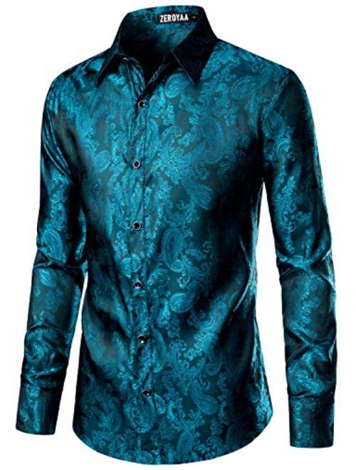 ZEROYAA Men's Paisley Jacquard Slim Fit Long Sleeve Button Up Dress Shirt for Party Prom