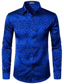 Men's Hipster Design Slim Fit Long Sleeve Jacquard Button Up Dress Shirts for Party Prom