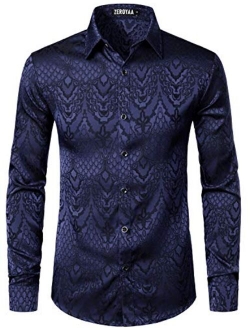 Men's Hipster Design Slim Fit Long Sleeve Jacquard Button Up Dress Shirts for Party Prom