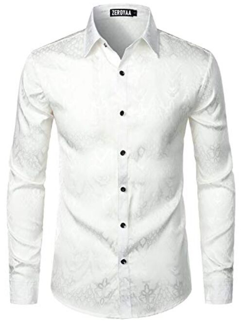 ZEROYAA Men's Hipster Design Slim Fit Long Sleeve Jacquard Button Up Dress Shirts for Party Prom