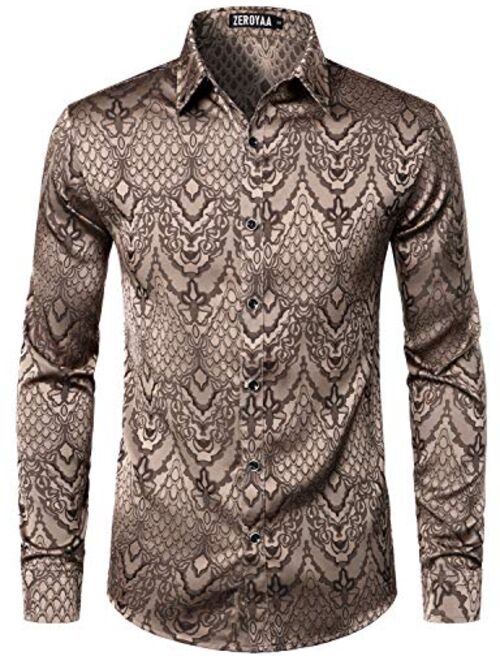 ZEROYAA Men's Hipster Design Slim Fit Long Sleeve Jacquard Button Up Dress Shirts for Party Prom