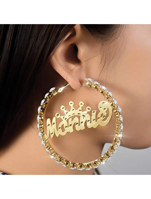 Personalized Hoop Name Earrings with Heart Crown Crystal Custom Letter Nameplate Earring Hoops 18k Gold Plated Personalized Jewelry Gifts for Women Girls