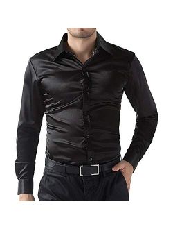 Men's Long Sleeve Dress Shirt Shiny Silk Like Satin Business Button Down Shirts