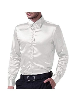 Men's Long Sleeve Dress Shirt Shiny Silk Like Satin Business Button Down Shirts