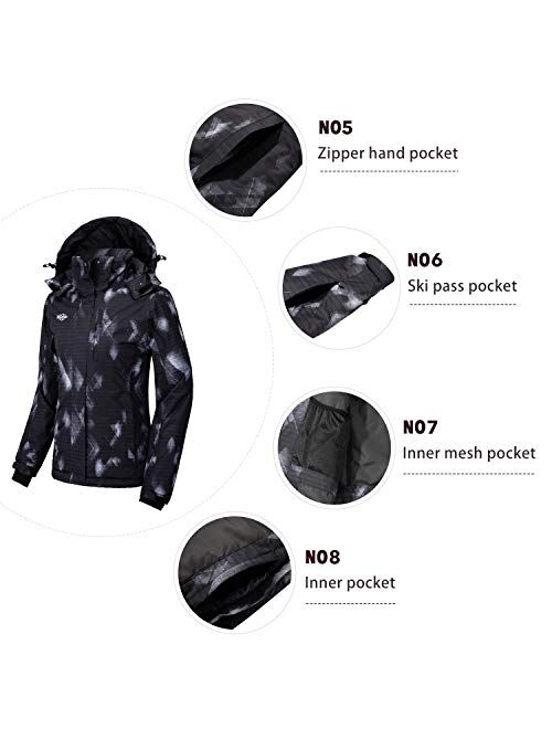 Wantdo Women's Waterproof Ski Jacket Windproof Print Fully Taped Seams Snow Coat Warm Winter Windbreaker