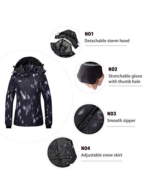 Wantdo Women's Waterproof Ski Jacket Windproof Print Fully Taped Seams Snow Coat Warm Winter Windbreaker